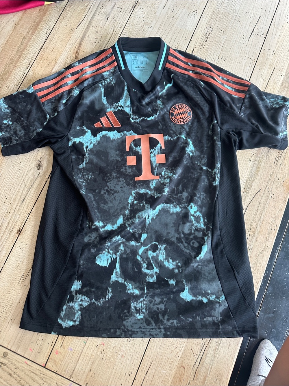 adidas Mens M Black Marble FC Bayern Jersey with Teal and Coral Accents